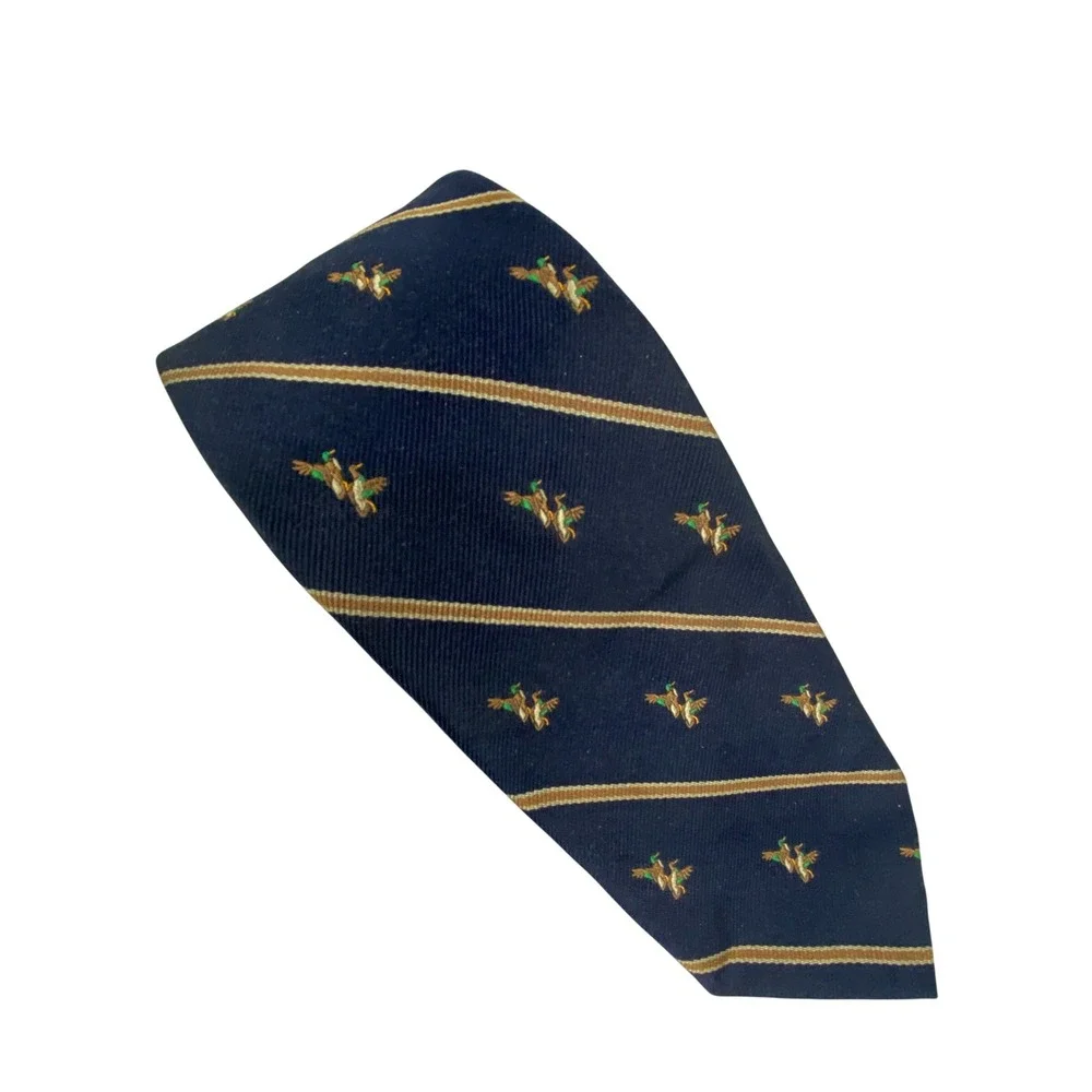 Robert Talbott‎ Mens Tie Navy Gold Silk Mallard Duck Stripe England 56x4